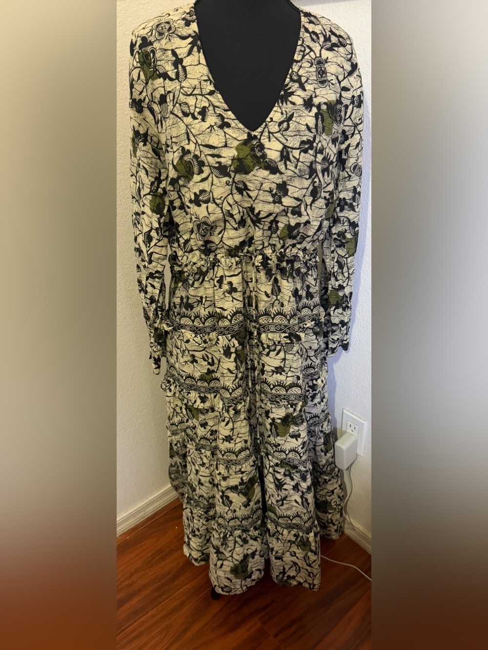 Caroline Constas Cotton Floral Tiered Maxi Dress in Black, Cream & Olive - M